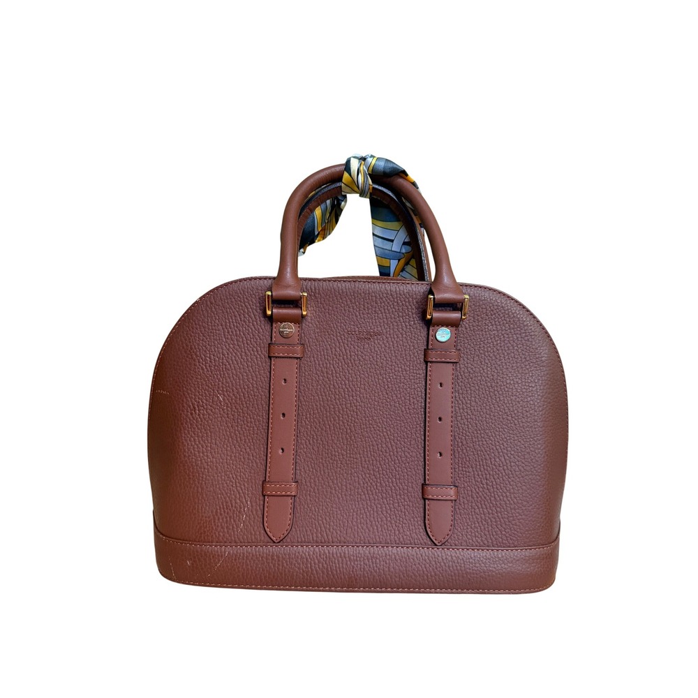 Courreges Paris Brown‎ Pebbled Leather Dome Satchel Bag with Scarf Accent